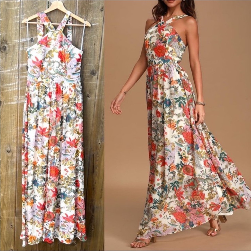Colorful Lilja Cream Floral Print Halter Maxi Dress 🌿